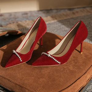 High Wedding Shoes French Pearls Pointed Toe Stiletto Heeled Shoes high heels