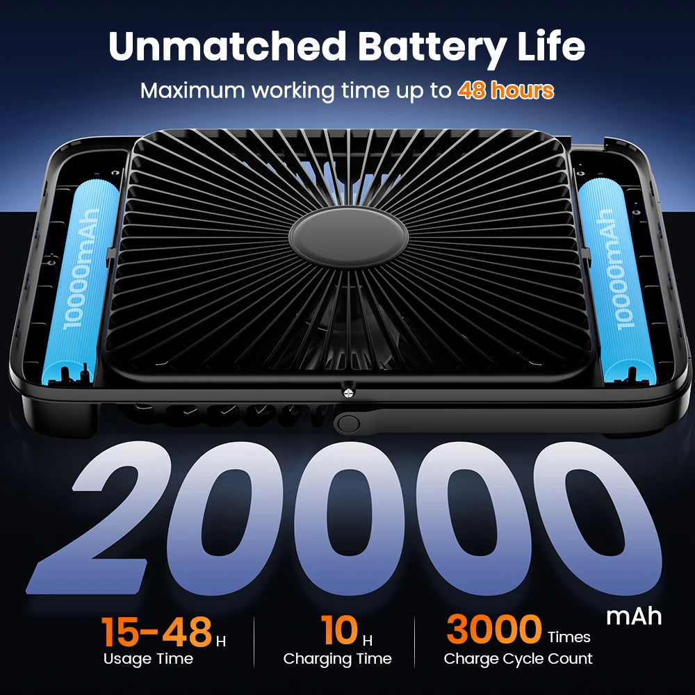 مروحة مكتب محمولة Warmco D4 قابلة لإعادة الشحن بقوة 20000 مللي أمبير في الساعة مع إضاءة، وقت تشغيل 48 ساعة، مروحة شخصية صامتة مقاس 8 بوصات، شاشة رقمية