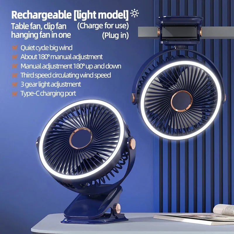 Ventilateur électrique portable 3 vitesses extérieur intérieur ventilateur de bureau rechargeable ventilateur mural avec lumière LED ventilateur de bureau pour bureau et maison