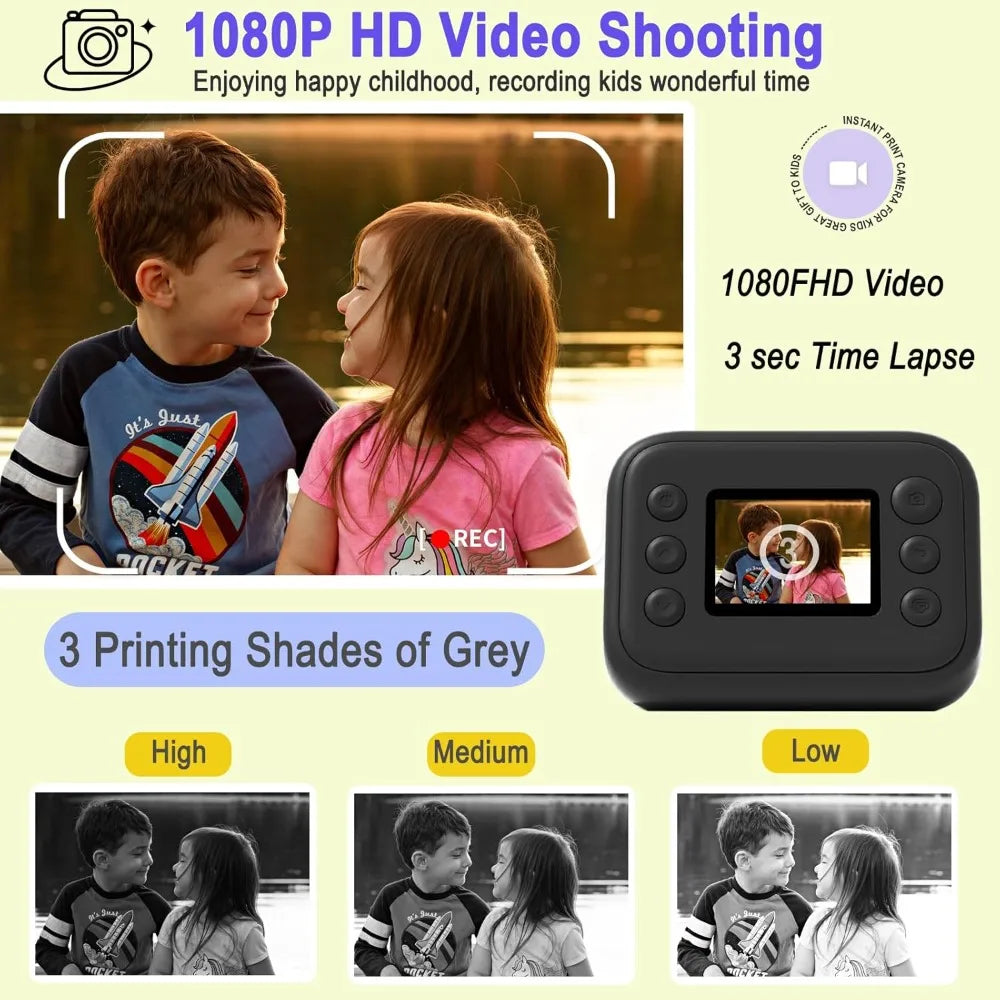 كاميرا طباعة فورية للأطفال، عدسة عالية الدقة، شاشة 2.0 بوصة، تكبير/تصغير، ذاكرة 32 جيجابايت، هدايا أعياد ميلاد الأطفال، كاميرا رقمية للسفر، ألعاب