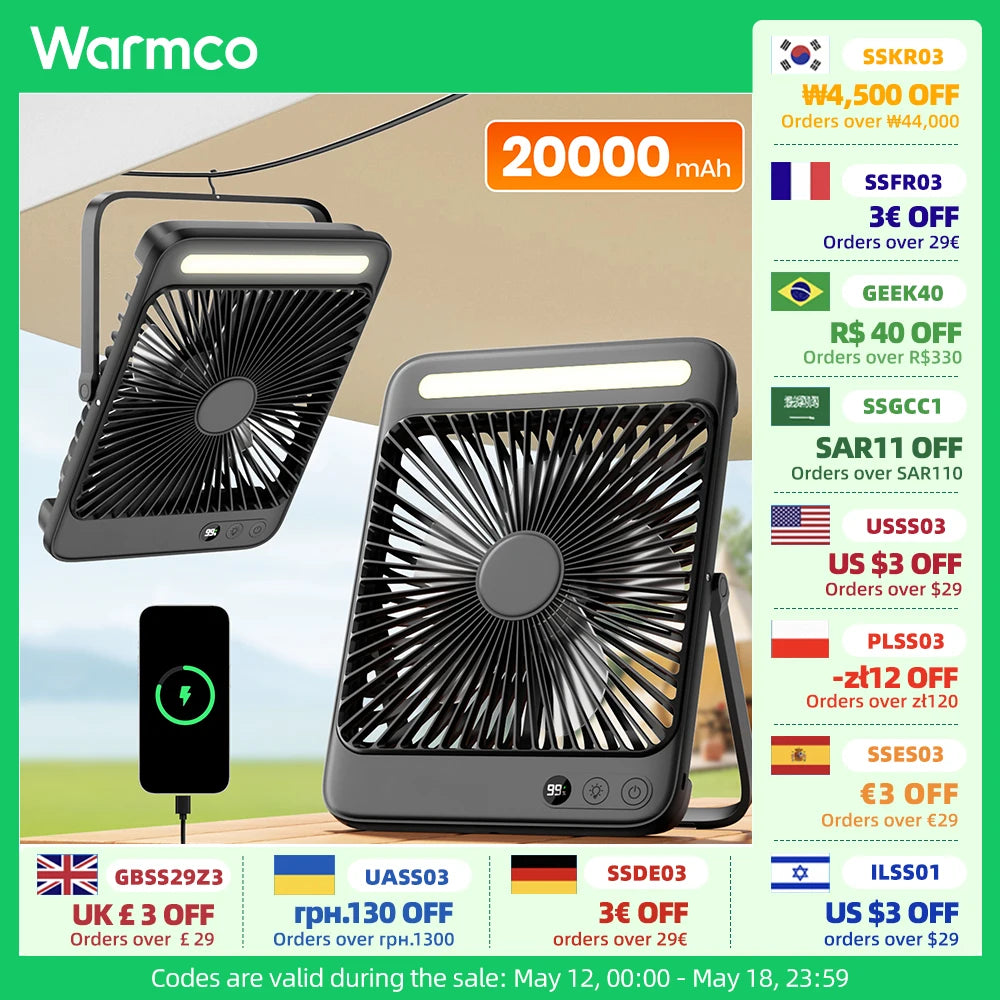 مروحة مكتب محمولة Warmco D4 قابلة لإعادة الشحن بقوة 20000 مللي أمبير في الساعة مع إضاءة، وقت تشغيل 48 ساعة، مروحة شخصية صامتة مقاس 8 بوصات، شاشة رقمية