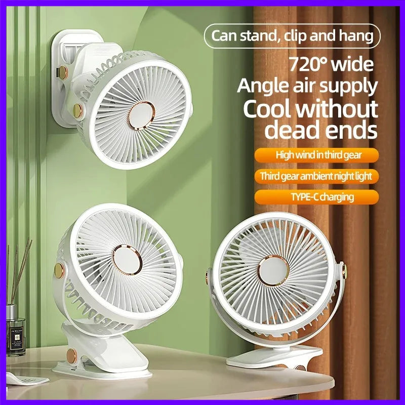 مروحة كهربائية محمولة بثلاث سرعات قابلة لإعادة الشحن للاستخدام الخارجي والداخلي وسطح المكتب ومروحة تدوير الهواء مثبتة على الحائط مع إضاءة LED ومروحة للمكتب والمنزل