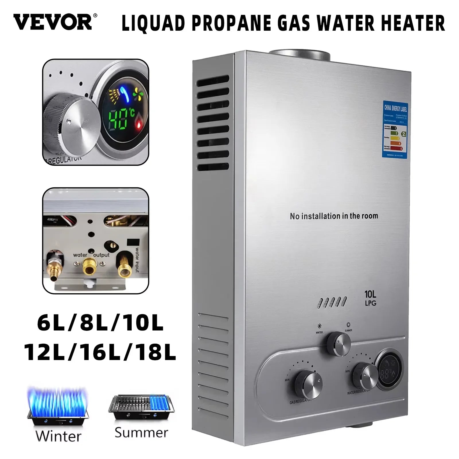 VEVOR 6L 8L 10L 12L 16L 18L LPG Портативный проточный водонагреватель Пропановый газовый LPG Настенный проточный водонагреватель Цифровой дисплей