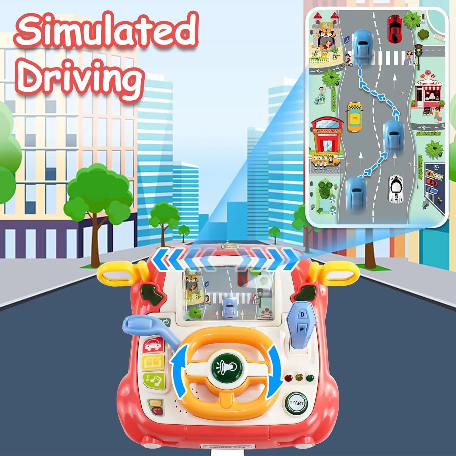 لعبة سيارة للأطفال مع عجلة قيادة موسيقية، محاكاة تفاعلية، ألعاب قيادة، مقعد سيارة، لعبة حسية، تنمي المهارات الحركية الدقيقة