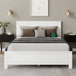 Queen Size Bed with Tall-Panel Headboard & Footboard, Built-in LED Lights, USB Charging Station, Pinewood Bed with Strengthened Bed Frame ,White