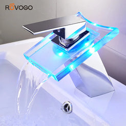 ROVOGO Waterfall LED Bathroom Basin Faucet, 3-Colors Change Cold and Hot Mixer Tap Deck Mount (Chrome)