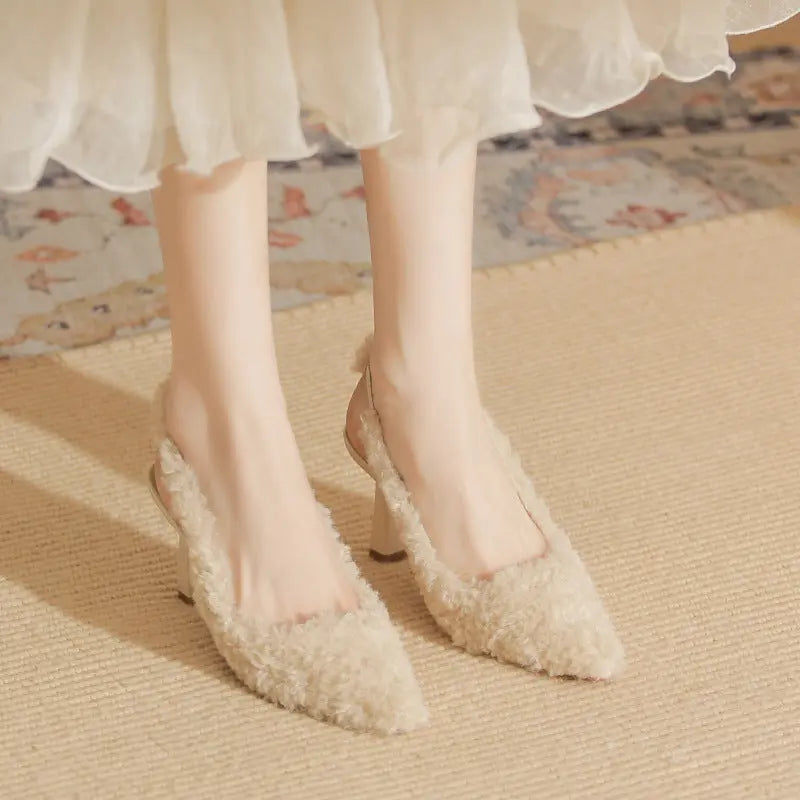 High Heels Hairy High Heels Baotou Back Hollow Fine Heeled High Heeled Single Shoes high heels