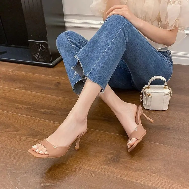 High-heeled sandal slippers-New British style women's slippers high heels