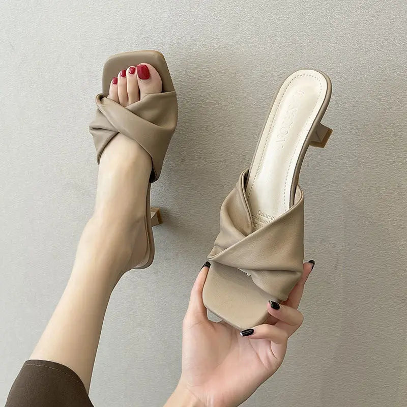 New Simple Heeled Sandals Cat Heeled High Heels - French Slippers high heels
