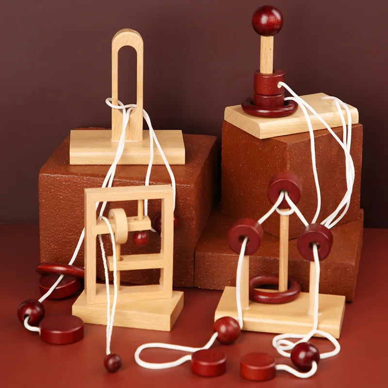 Wooden Unlock Decompression Toys Luban Lock Brain Teaser Unloop Toys Threading Rope Loop Puzzle Educational Game for Adults Kids