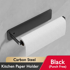 Kitchen Paper Roll Holder Self Adhesive No Punch Tissue Hanger Plastic Wrap Rag Rack Carbon Steel Bathroom Kitchen Towel Holder