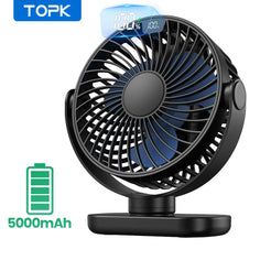 TOPK Portable Mini Fan 5000mAh Rechargeable LED Display Table Desk Fan 360Rotation Quiet Personal Electric Cooling Camping Fan