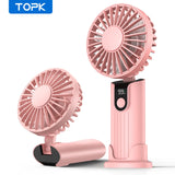 TOPK Ventilateur Mini Portable Ultra Silencieux 5000mAh USB Rechargeable Portable à Main 4 Vitesses Ventilateur de Bureau Pliable avec Base à Lanière pour Voyage Maison