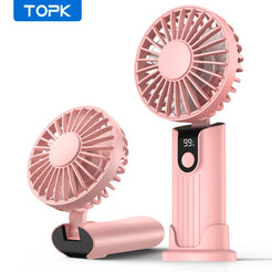 TOPK 5000mAh Ultra Quiet Mini Portable Fan USB Rechargeable Handheld 4Speeds Foldable Desk Fan with Lanyard Base for Travel Home