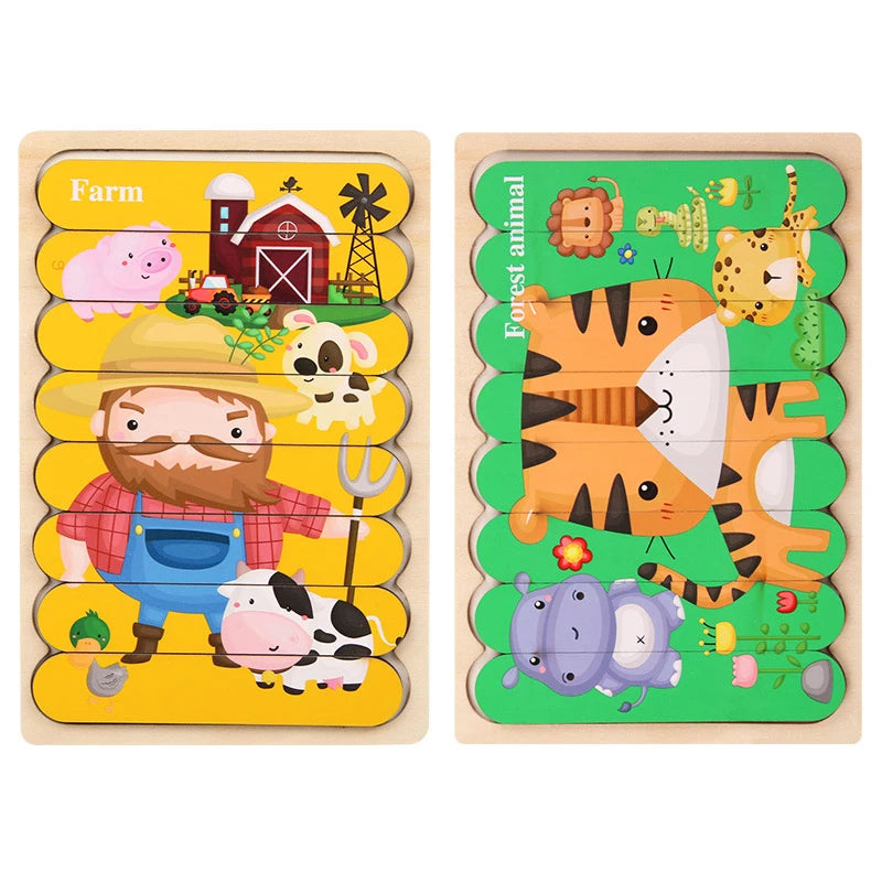 Puzzle en bois Montessori pour bébé, jouets éducatifs pour enfants, jeu de puzzle 3D en forme d'animaux de dessin animé, tableau d'activités pour enfant de 2 à 3 ans