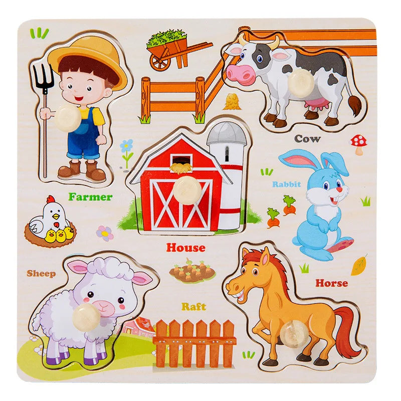 Puzzle en bois Montessori pour bébé, jouets éducatifs pour enfants, jeu de puzzle 3D en forme d'animaux de dessin animé, tableau d'activités pour enfant de 2 à 3 ans