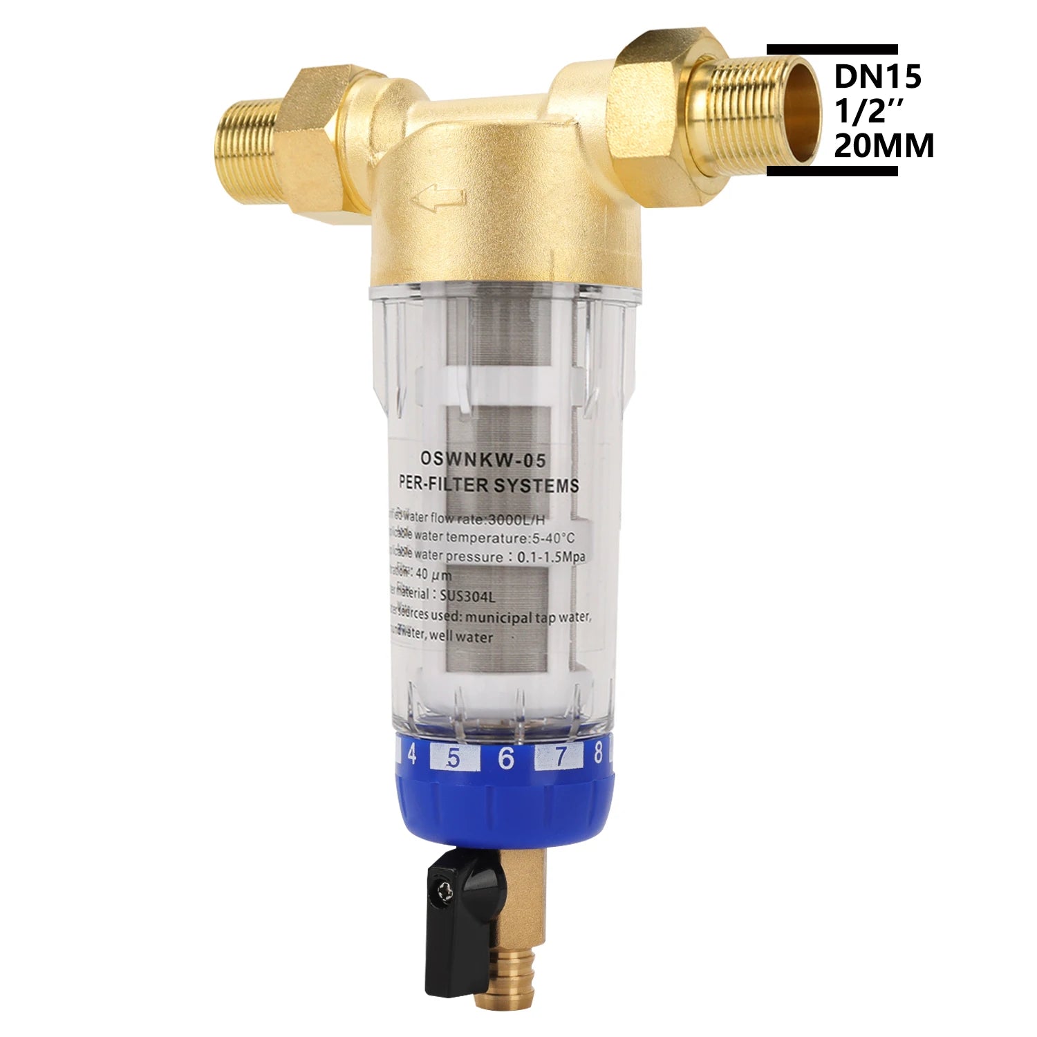 OSWNKW-05 Prefiltro Purificador para Toda la Casa Filtro de Sedimentos Giratorio Sistema Central de Prefiltro con Retrolavado Malla de Acero Inoxidable