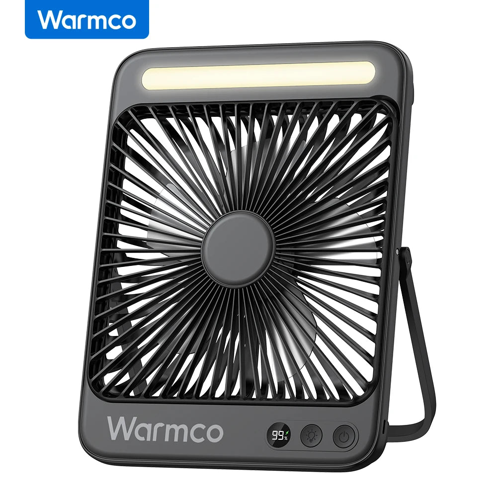 Ventilateur de bureau portable Warmco D4 rechargeable 20000mAh pour camping avec lumière, autonomie de 48 heures, ventilateur personnel silencieux de 8", affichage numérique