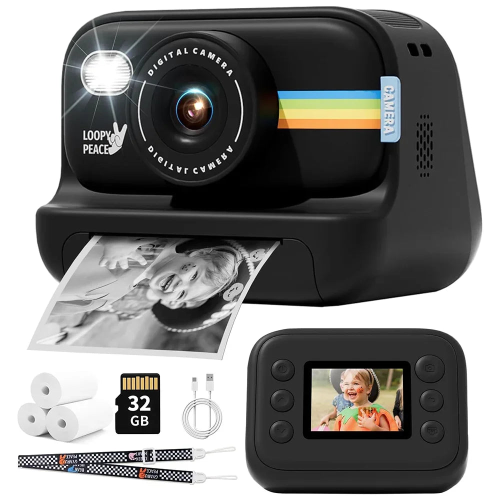 Appareil photo instantané pour enfants Objectif HD Écran 2,0 pouces Zoom avec 32 Go Cadeaux d'anniversaire pour enfants Festival Voyage Selfie Appareil photo numérique Jouets