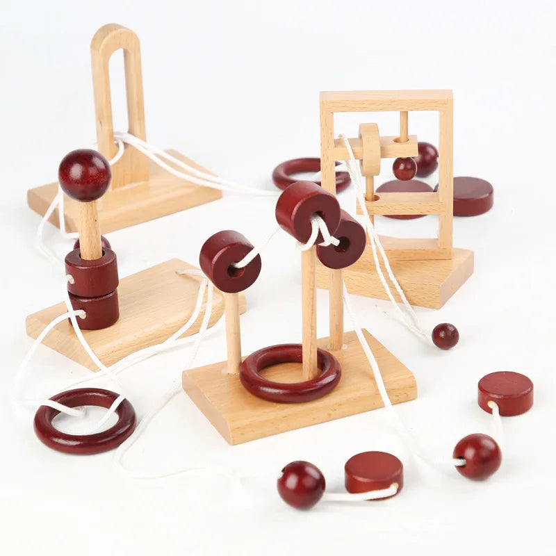 Wooden Unlock Decompression Toys Luban Lock Brain Teaser Unloop Toys Threading Rope Loop Puzzle Educational Game for Adults Kids