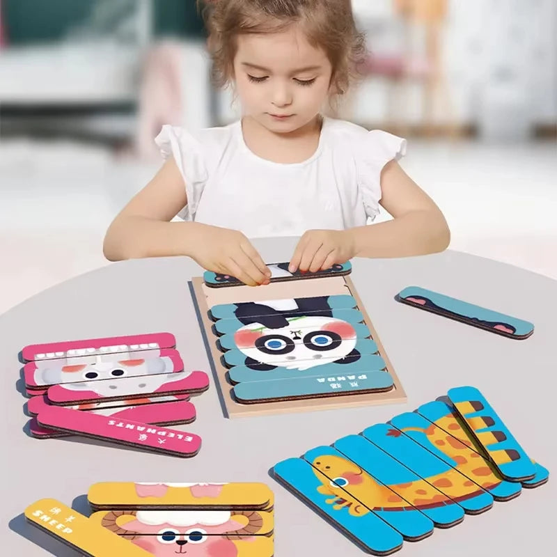 Montessori Baby Wooden Puzzle Toys Kids Educational Game 3D Cartoon Animal Jigsaw Puzzle Toys Activity Board for Child 2 3 Years