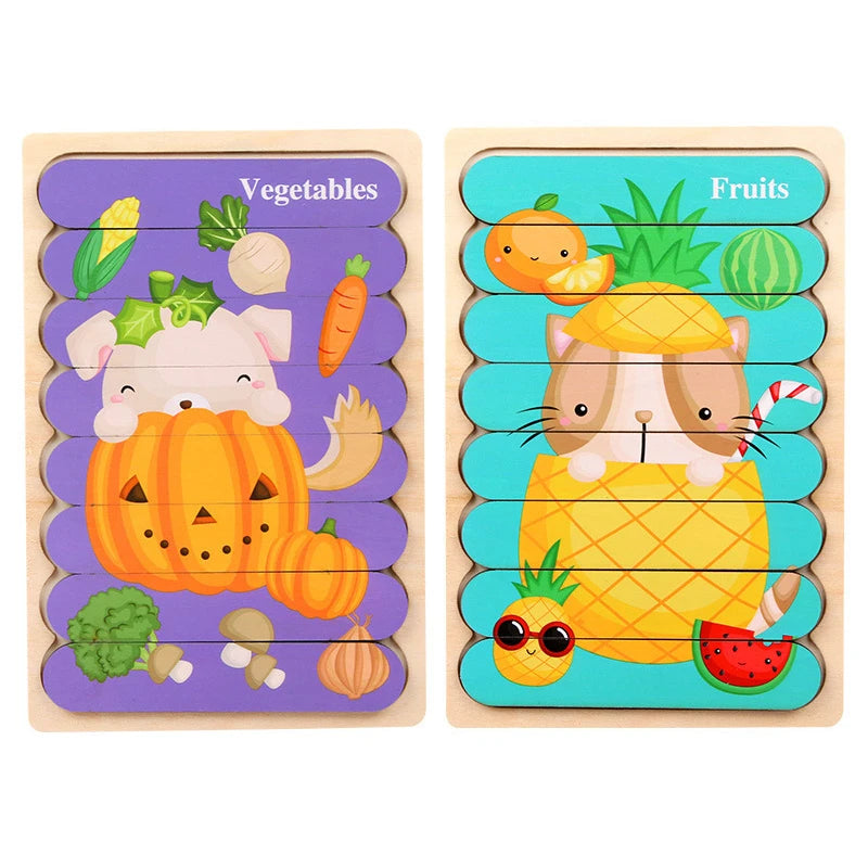 Puzzle en bois Montessori pour bébé, jouets éducatifs pour enfants, jeu de puzzle 3D en forme d'animaux de dessin animé, tableau d'activités pour enfant de 2 à 3 ans