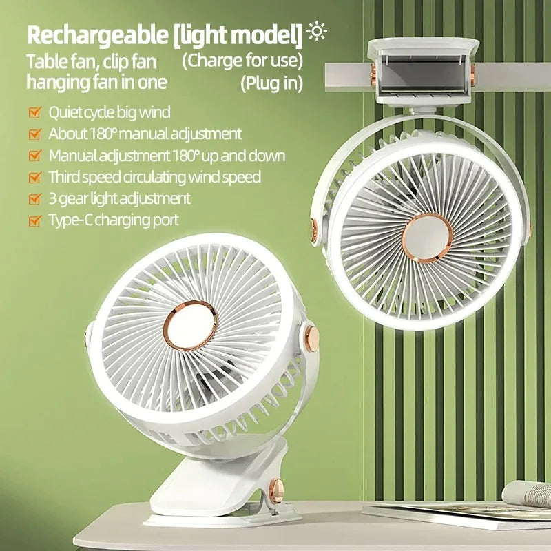Ventilador eléctrico portátil de 3 velocidades para exteriores e interiores, ventilador de escritorio recargable, ventilador de pared con luz LED, ventilador para oficina y hogar
