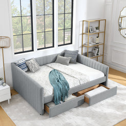 Queen Size Daybed with Two Drawers Trundle Upholstered Sofa Bed, with Vertical Stripes Linen Fabric, Grey (86.5'x65'x30')