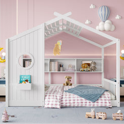 Full Size Floor House Bed for Toddler, Kids Montessori Bed  with Storage Shelf, Playhouse Bed with Roof Design, White