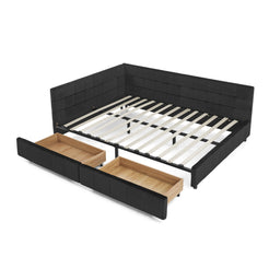 Mid-Century Queen Size Storage Upholstered Tufted Bed Frame with Backrest and Armrests, Velvet, Black