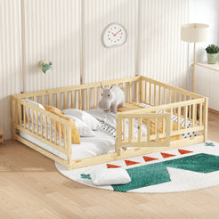 Full Size Floor Bed with Slats, Montessori Floor Bed with Fence and Door, Kids Montessori Bed Full Size, Wood Montessori Floor Bed for Kids, Girls, Boys,Oak